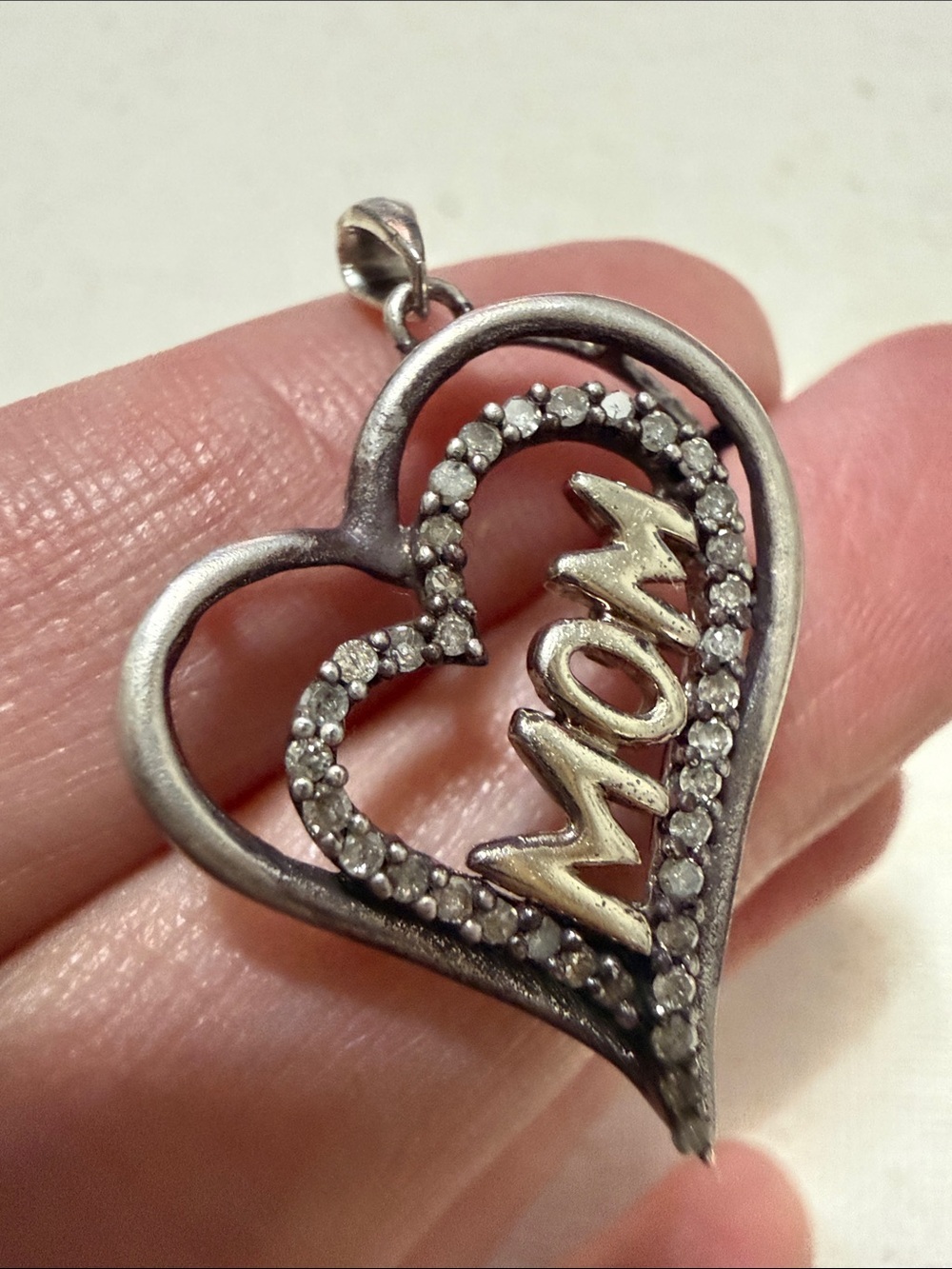 Sterling Silver 925 Heart 'MOM' Pendant Necklace in Clear Stones
